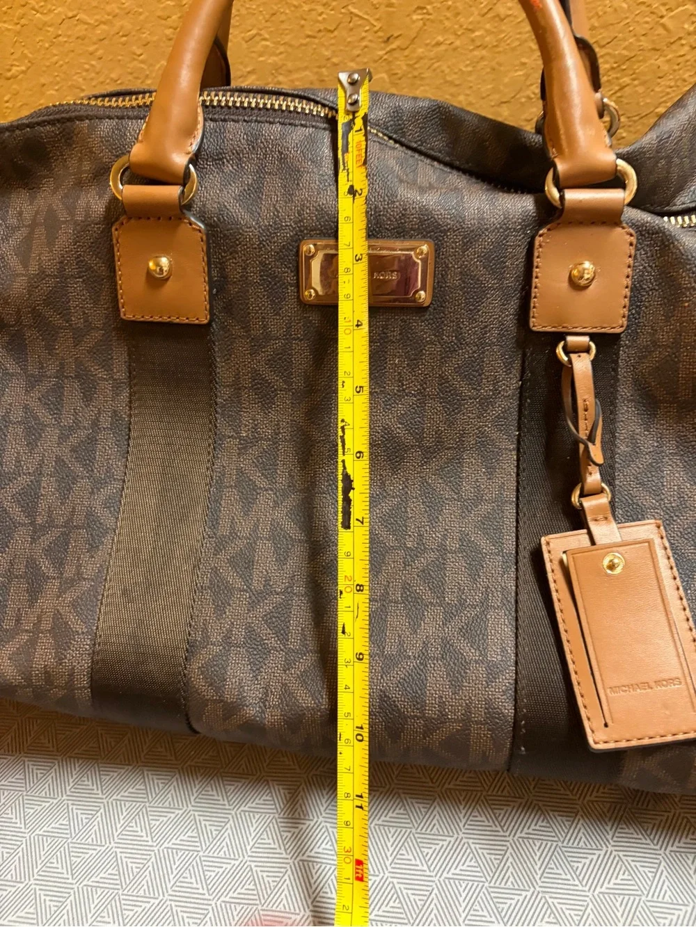 Michael Kors Brown MK Monogram Duffel with Tan Leather Trim Trave